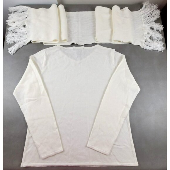 Womens Ivory Sweater V-Neck with Detachable Fringed Neck Scarf NWT  JH1414 - Picture 1 of 6